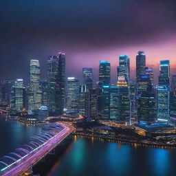 Singapore skyline envisioned in a cyberpunk aesthetic, fusing traditional Singaporean architecture with vibrant neon lights and future-forward technology.