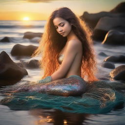 A beautiful mermaid is washed up on shore in a tide pool setting