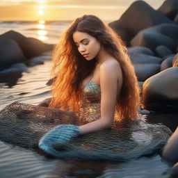 A beautiful mermaid is washed up on shore in a tide pool setting