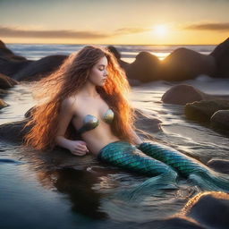 A beautiful mermaid is washed up on shore in a tide pool setting