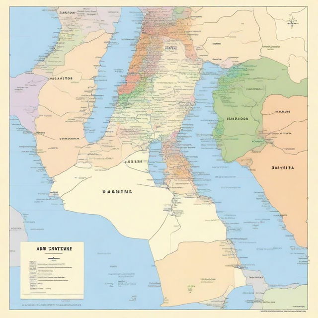 A detailed and accurate map featuring the countries of Palestine and Lebanon, showcasing their geographical boundaries, major cities, and notable landmarks