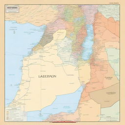 A detailed and accurate map featuring the countries of Palestine and Lebanon, showcasing their geographical boundaries, major cities, and notable landmarks