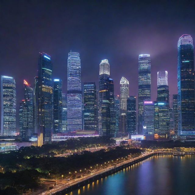 Singapore skyline envisioned in a cyberpunk aesthetic, fusing traditional Singaporean architecture with vibrant neon lights and future-forward technology.