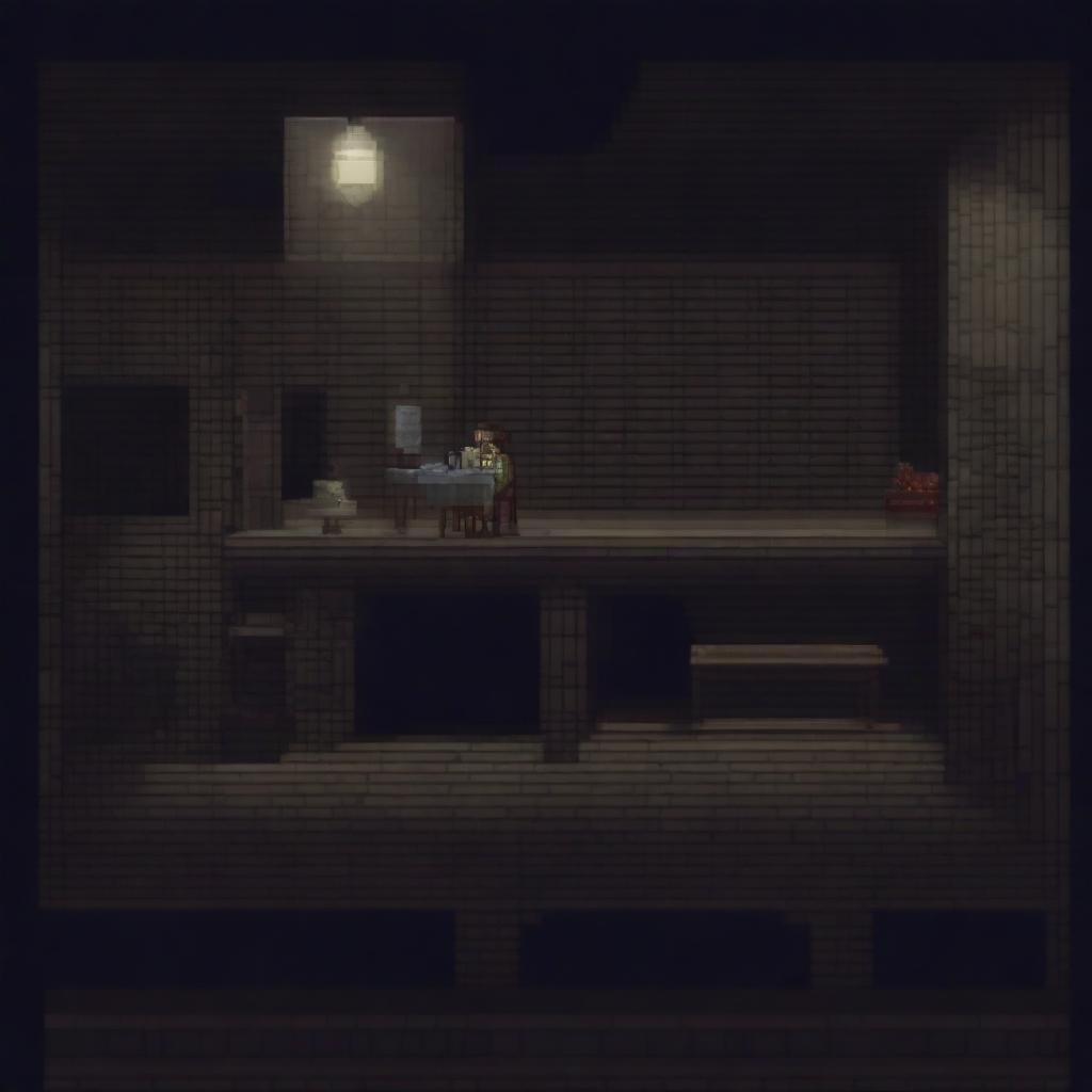 A dark, poorly lit stone basement with a man strapped to a table