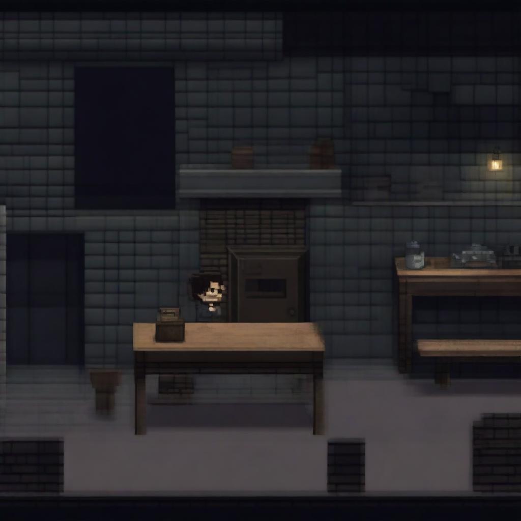 A dark, poorly lit stone basement with a man strapped to a table