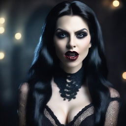 A stunningly beautiful dark gothic female vampire watching the camera with an open mouth and licking her finger