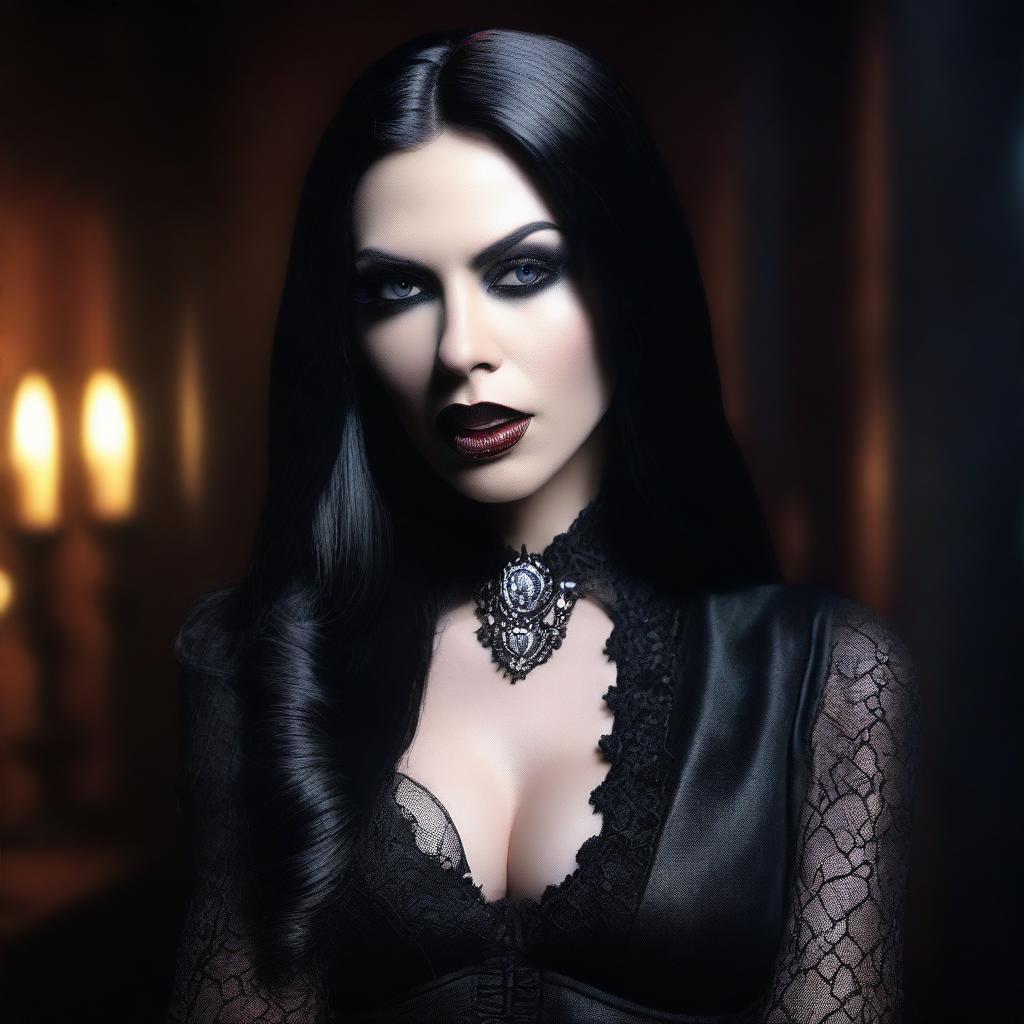 A stunningly beautiful dark gothic female vampire watching the camera with an open mouth and licking her finger