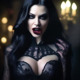 A stunningly beautiful dark gothic female vampire watching the camera with an open mouth and licking her finger