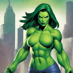 A detailed illustration of She-Hulk, depicted in a confident and powerful pose