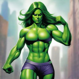 A detailed illustration of She-Hulk, depicted in a confident and powerful pose