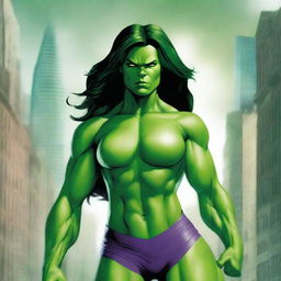 A detailed illustration of She-Hulk, depicted in a confident and powerful pose