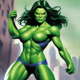 A detailed illustration of She-Hulk, depicted in a confident and powerful pose