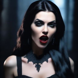 A stunningly beautiful dark gothic female vampire is watching the camera with an open mouth and licking her finger