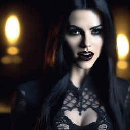 A stunningly beautiful dark gothic female vampire is watching the camera with an open mouth and licking her finger