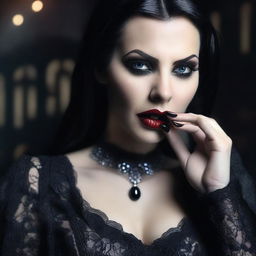 A stunningly beautiful dark gothic female vampire is watching the camera with an open mouth and licking her finger