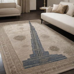 A luxurious carpet featuring an intricate depiction of the Burj Khalifa skillfully woven into the design