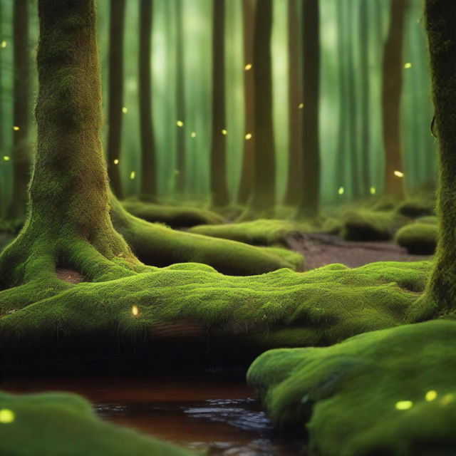 A beautiful, mossy, and mystic wood illuminated by the gentle glow of fireflies