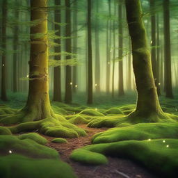 A beautiful, mossy, and mystic wood illuminated by the gentle glow of fireflies