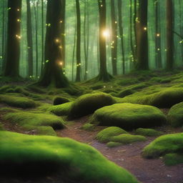 A beautiful, mossy, and mystic wood illuminated by the gentle glow of fireflies