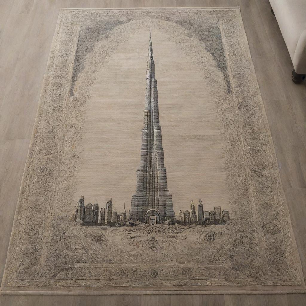 A luxurious carpet featuring an intricate depiction of the Burj Khalifa skillfully woven into the design