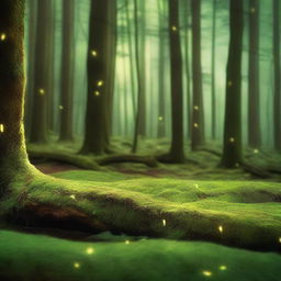 A beautiful, mossy, and mystic wood illuminated by the gentle glow of fireflies