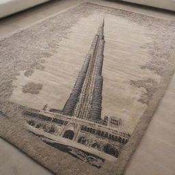 A luxurious carpet featuring an intricate depiction of the Burj Khalifa skillfully woven into the design