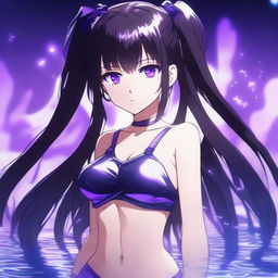 Anime-style girl with long twin tails, bright purple eyes, wearing a dark swimsuit with glowing purple details