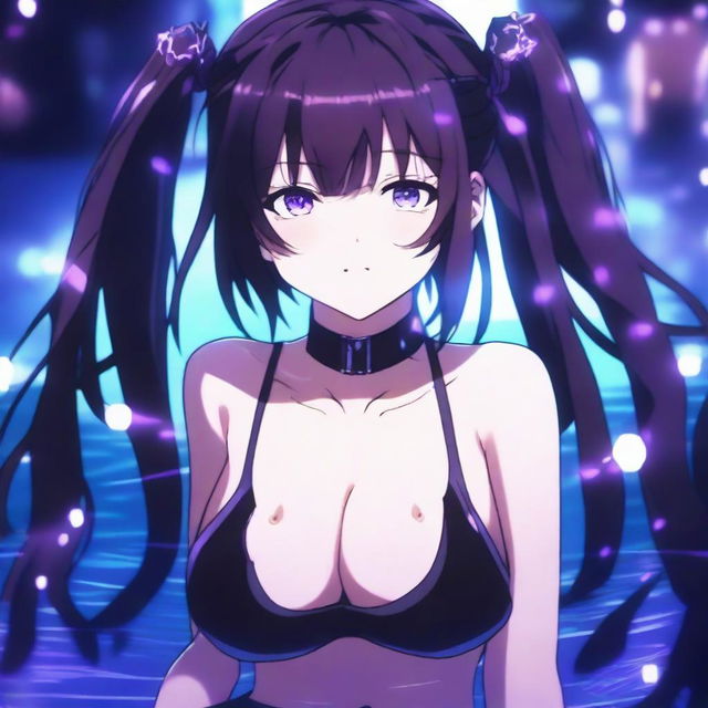 Anime-style girl with long twin tails, bright purple eyes, wearing a dark swimsuit with glowing purple details