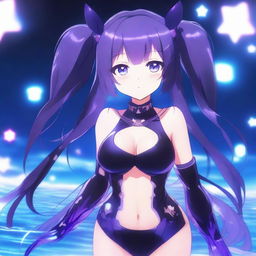 Anime-style girl with long twin tails, bright purple eyes, wearing a dark swimsuit with glowing purple details