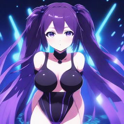 Anime-style girl with long twin tails, bright purple eyes, wearing a dark swimsuit with glowing purple details