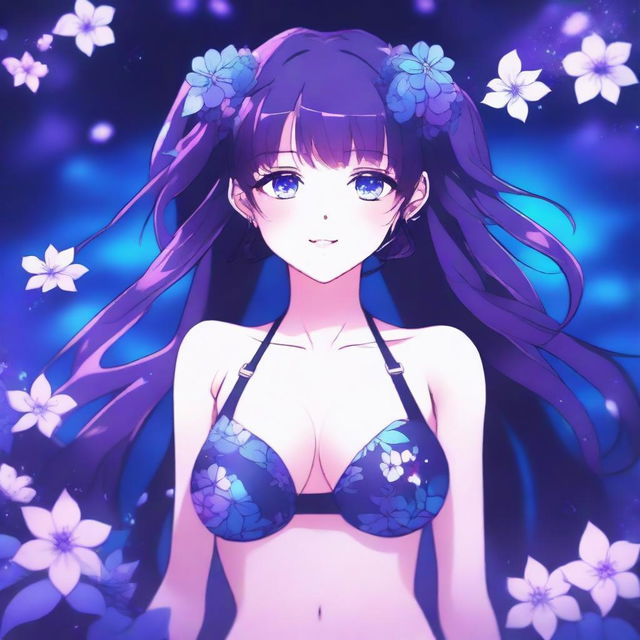 Anime-style illustration of a girl with long twin tails, bright purple eyes, and a color palette of blues and purples