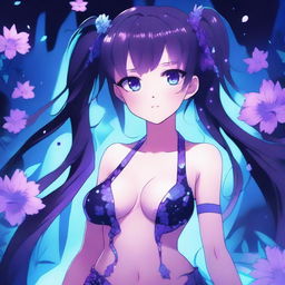 Anime-style illustration of a girl with long twin tails, bright purple eyes, and a color palette of blues and purples