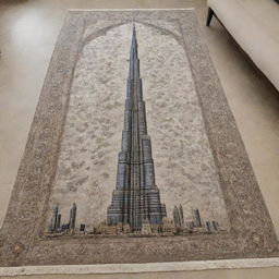 A luxurious carpet featuring an intricate depiction of the Burj Khalifa skillfully woven into the design