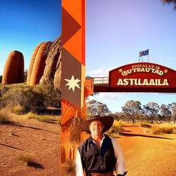 A man from Australia, standing in front of notable Australian landmarks, wearing traditional outback attire.