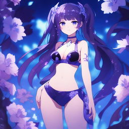 Anime-style illustration of a girl with long twin tails, bright purple eyes, and a color palette of blues and purples