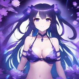 Anime-style illustration of a girl with long twin tails, bright purple eyes, and a color palette of blues and purples