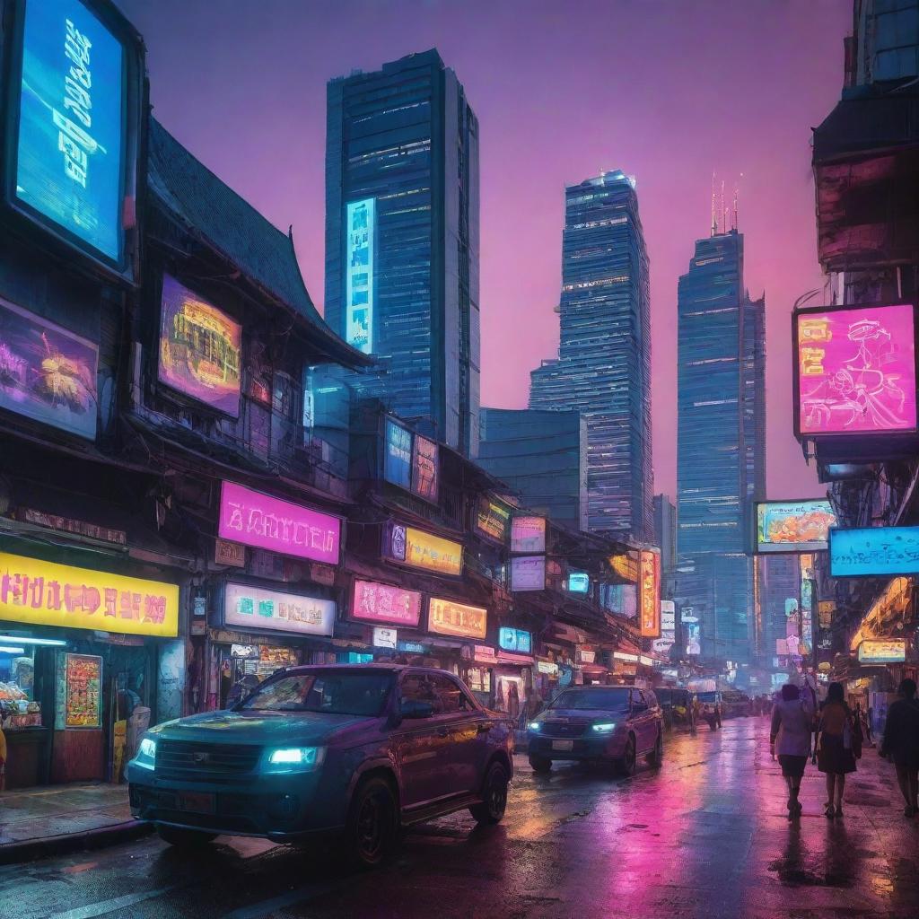 Thai cityscape transformed into a cyberpunk scene, combining elements of traditional Thail architecture and culture with neon vibrancy and futuristic technology.