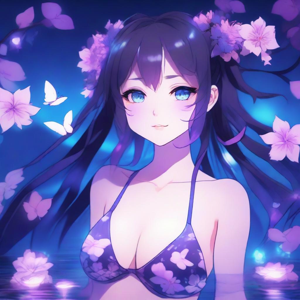 Anime-style illustration of a girl with long twin tails, bright purple eyes that are melting and glowing, and a color palette of blues, purples, and touches of pink