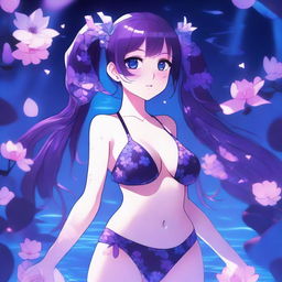 Anime-style illustration of a girl with long twin tails, bright purple eyes that are melting and glowing, and a color palette of blues, purples, and touches of pink