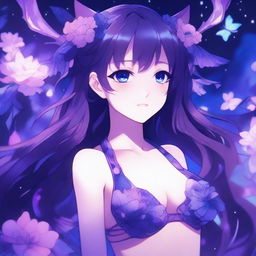 Anime-style illustration of a girl with long twin tails, bright purple eyes that are melting and glowing, and a color palette of blues, purples, and touches of pink