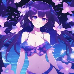 Anime-style illustration of a girl with long twin tails, bright purple eyes that are melting and glowing, and a color palette of blues, purples, and touches of pink