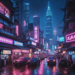 Thai cityscape transformed into a cyberpunk scene, combining elements of traditional Thail architecture and culture with neon vibrancy and futuristic technology.