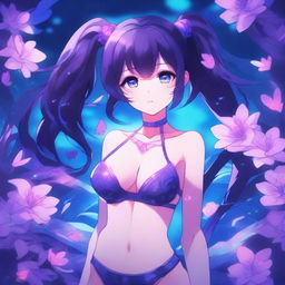 Anime-style illustration of a girl with long twin tails, bright purple eyes, and a color palette of blues, purples, and touches of pink