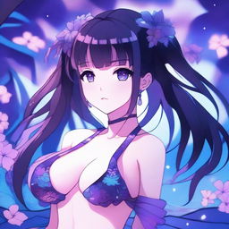 Anime-style illustration of a girl with long twin tails, bright purple eyes, and a color palette of blues, purples, and touches of pink