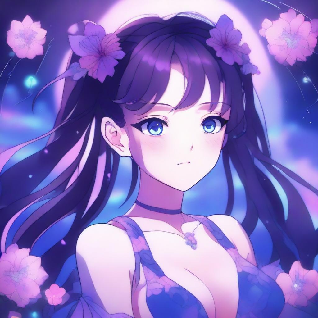 Anime-style illustration of a girl with long twin tails, bright purple eyes, and a color palette of blues, purples, and touches of pink