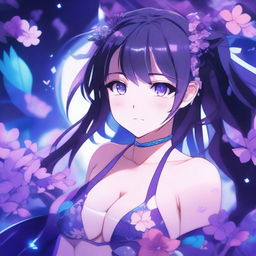 Anime-style illustration of a girl with long twin tails, bright purple eyes, and a color palette of blues, purples, and touches of pink