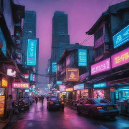 Thai cityscape transformed into a cyberpunk scene, combining elements of traditional Thail architecture and culture with neon vibrancy and futuristic technology.