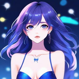 Ilustración de estilo anime de una chica con cabello largo en dos coletas, ojos púrpuras brillantes y una paleta de colores azules y púrpuras