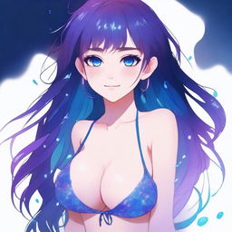 Ilustración de estilo anime de una chica con cabello largo en dos coletas, ojos púrpuras brillantes y una paleta de colores azules y púrpuras