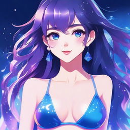 Ilustración de estilo anime de una chica con cabello largo en dos coletas, ojos púrpuras brillantes y una paleta de colores azules y púrpuras